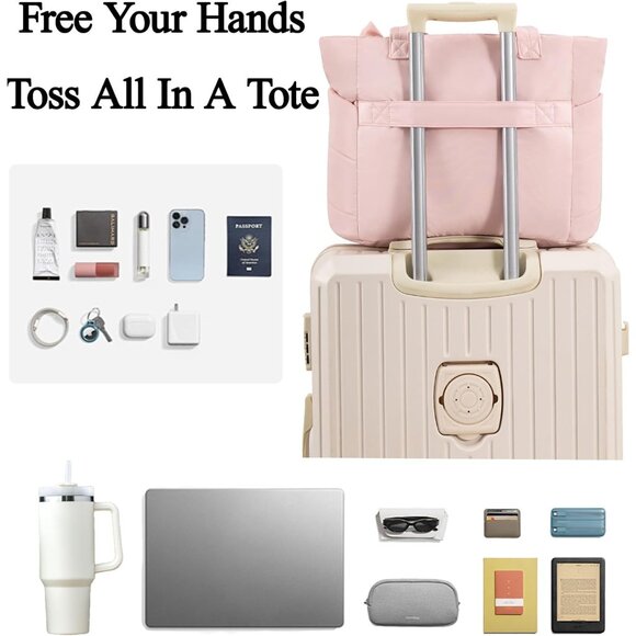 Versatile Pink Puffer Tote Bag for Work, Travel & Gym - 15.6" Laptop Fit - Picture 4 of 7